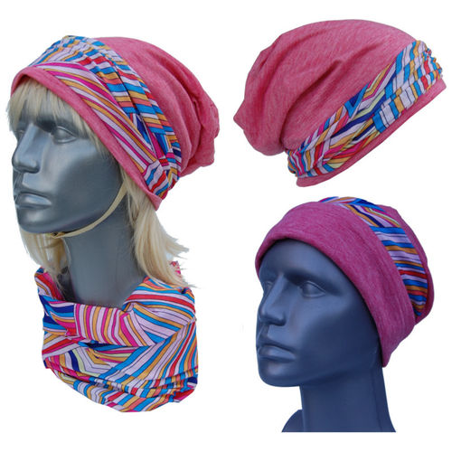 Cool4 Beanie Pink Patchwork im Kopftuch-Look - 2erSet mit Halstuch Mundschutz Chemo Turban SBK03